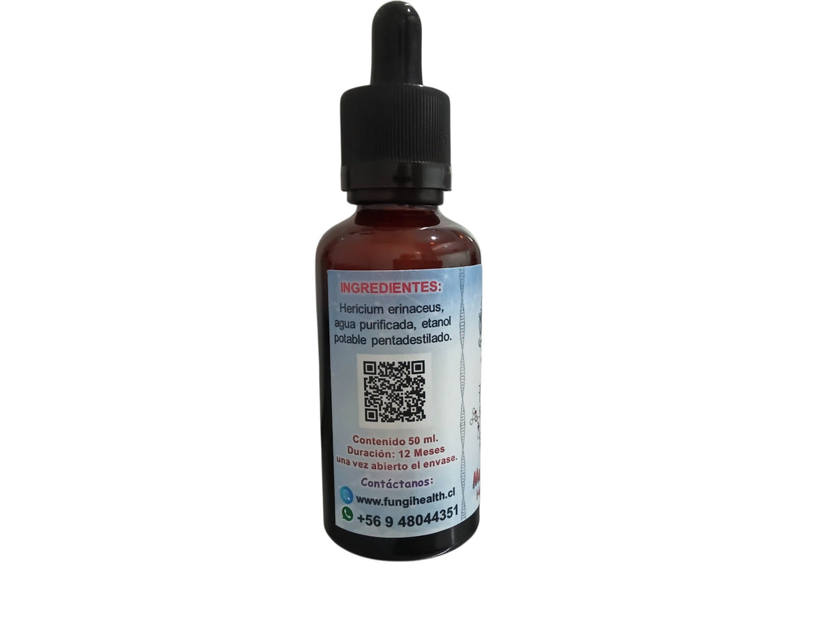 Frasco de vidrio ámbar de 50 mL con extracto de Melena de León Fungi Health y gotero negro sobre mesa metálica