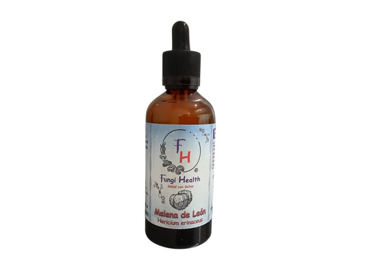Frasco de vidrio ámbar con gotero de Fungi Health conteniendo extracto de Melena de León de 100 mL